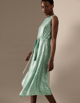 Sequin Round Neck Belted Midi Shift Dress | Mu0026S SA
