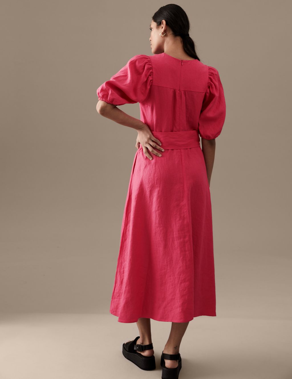 Pure Irish Linen V-Neck Midaxi Waisted Dress image 4