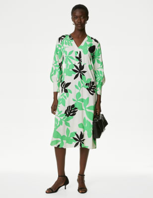 Leaf Print V-Neck Midaxi Smock Dress