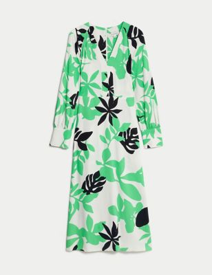 Leaf Print V-Neck Midaxi Smock Dress