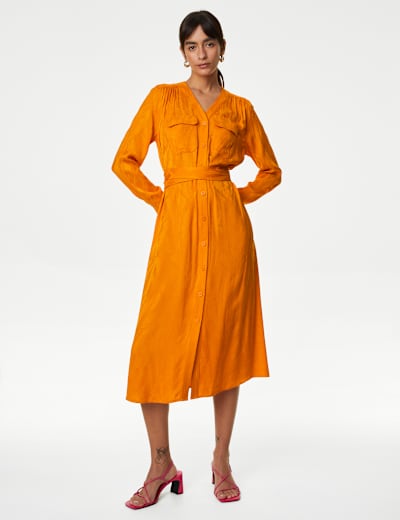 Floral Jacquard V-Neck Midi Shirt Dress