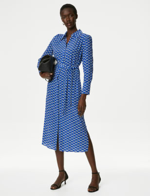 

Womens Autograph Cupro Rich Geometric Midaxi Shirt Dress - Blue Mix, Blue Mix