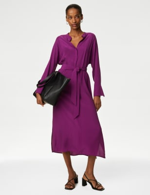 Cupro Rich Notch Neck Midi Shirt Dress