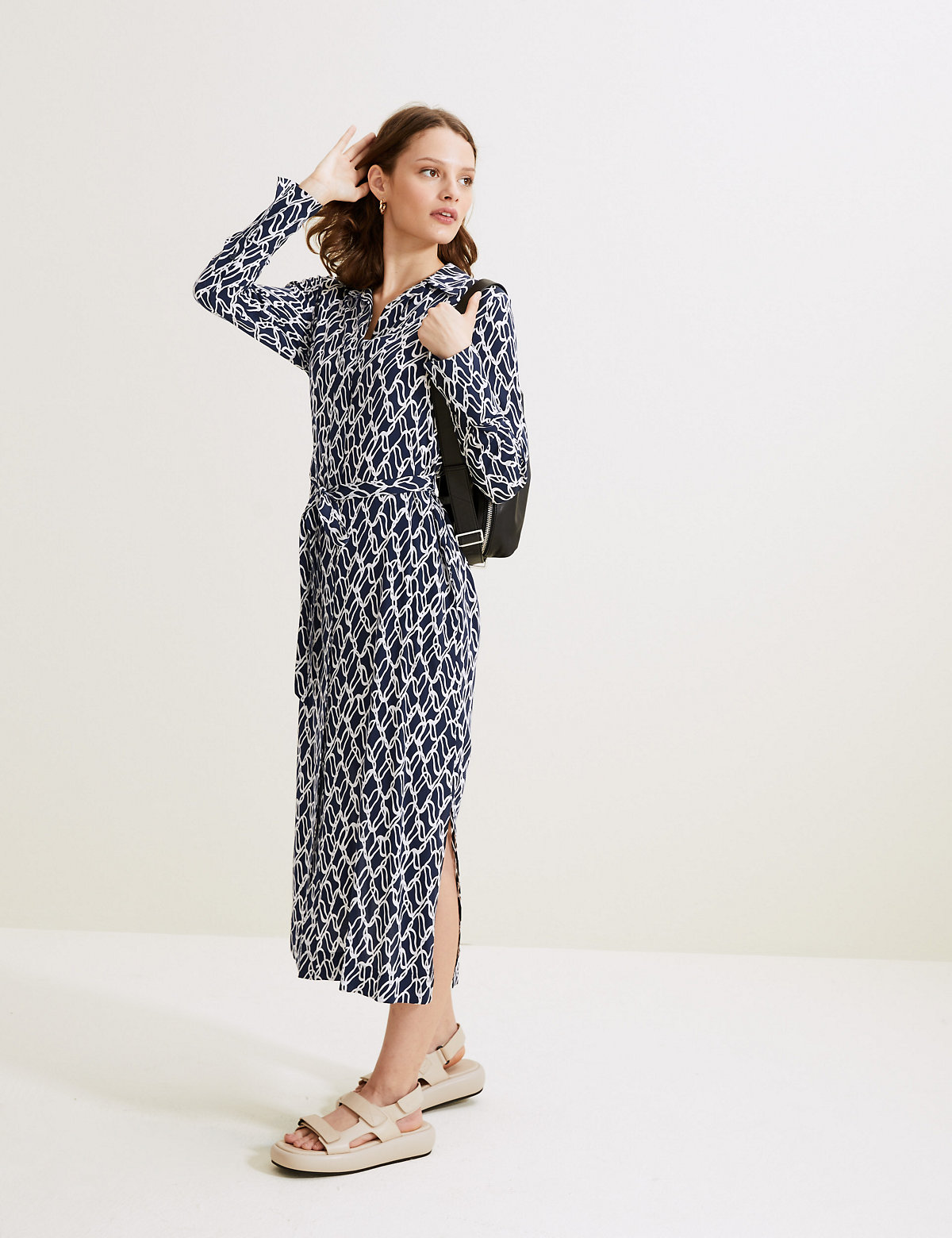 Cupro Printed Belted Midaxi Shirt Dress