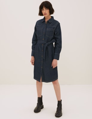 

Womens Autograph Denim Belted Midi Shirt Dress with Silk - Dark Indigo, Dark Indigo