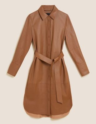 M&S Autograph Womens Leather Belted Midi Shirt Dress