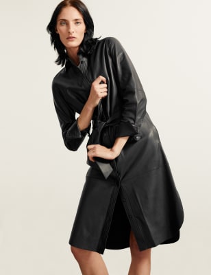 

Autograph Vestido camisero a media pierna de piel con cinturónWomens - Black, Black