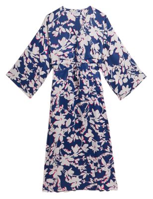 M&S Autograph Womens Floral V-Neck Tie Front Maxi Kimono Dress