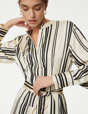 Satin Striped Collarless Midaxi Shirt Dress - CA