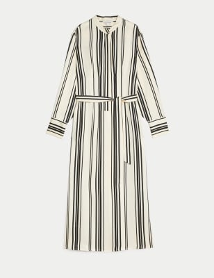 Satin Striped Collarless Midaxi Shirt Dress