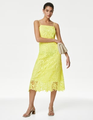 Autograph Women's Lace Square Neck Strappy Waisted Midi Dress - 22 - Light Citrus, Light Citrus