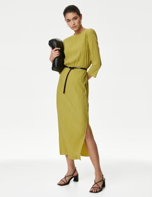 Jersey Plisse Round Neck Midaxi Column Dress