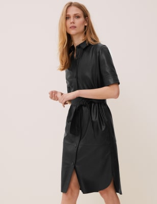  Robe midi style chemise en cuir avec ceinture - Black