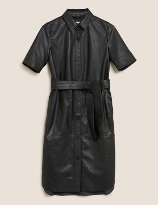 M&S Autograph Womens Leather Belted Midi Shirt Dress