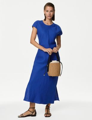 Autograph Womens Pure Irish Linen Pleat Front Midaxi Dress - 22 - Royal Blue, Royal Blue