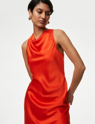 Autograph Womens Pure Silk Cowl Neck Waisted Dress - 18 - Bright Orange, Bright Orange