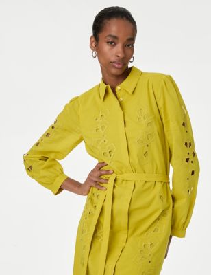 Autograph Women's Pure Cotton Embroidered Midaxi Shirt Dress - 12 - Bright Yellow, Bright Yellow