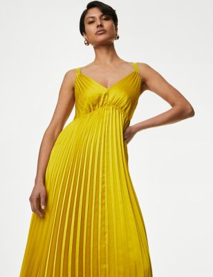 Autograph Women's V-Neck Pleated Strappy Midaxi Waisted Dress - 24 - Bright Yellow, Bright Yellow