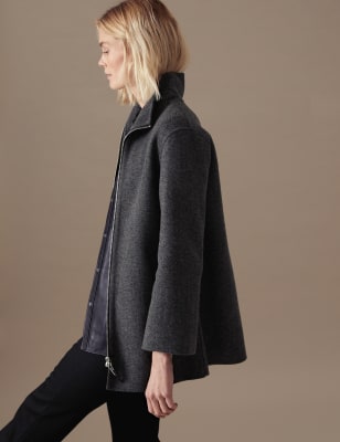 Wool Blend Funnel Neck Commuter Coat - Light Grey Marle