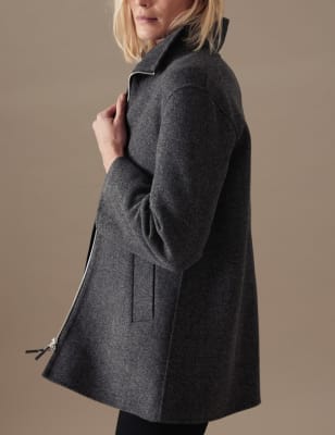 Wool Blend Herringbone Funnel Neck Coat