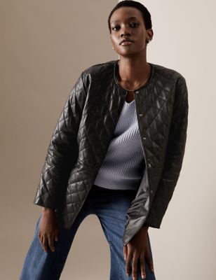 Leather Quilted Collarless Bomber 