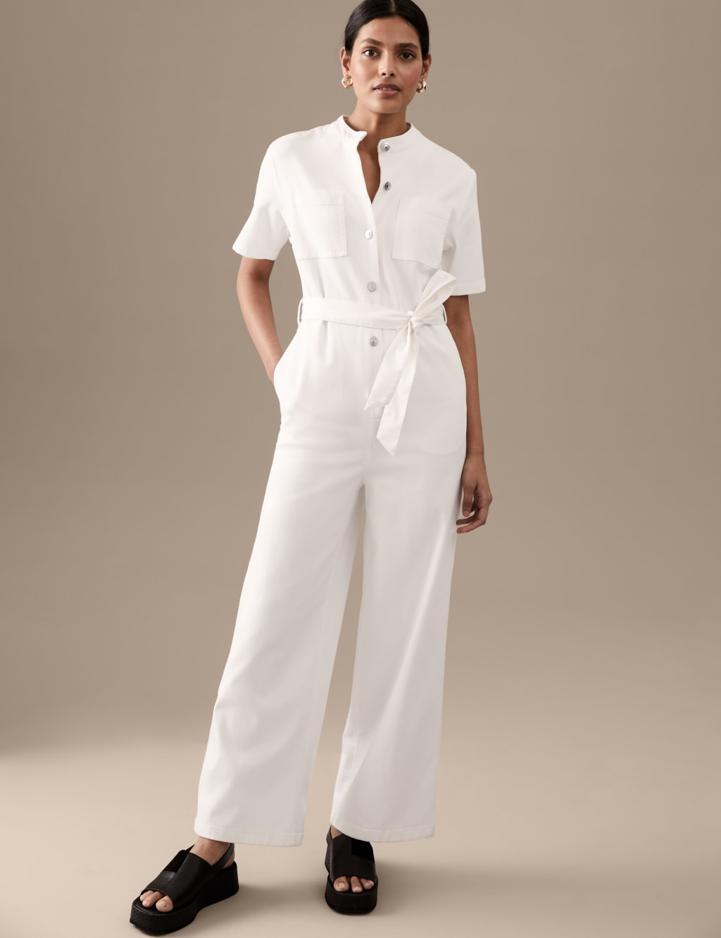 Denim Belted Short Sleeve Jumpsuit image 3