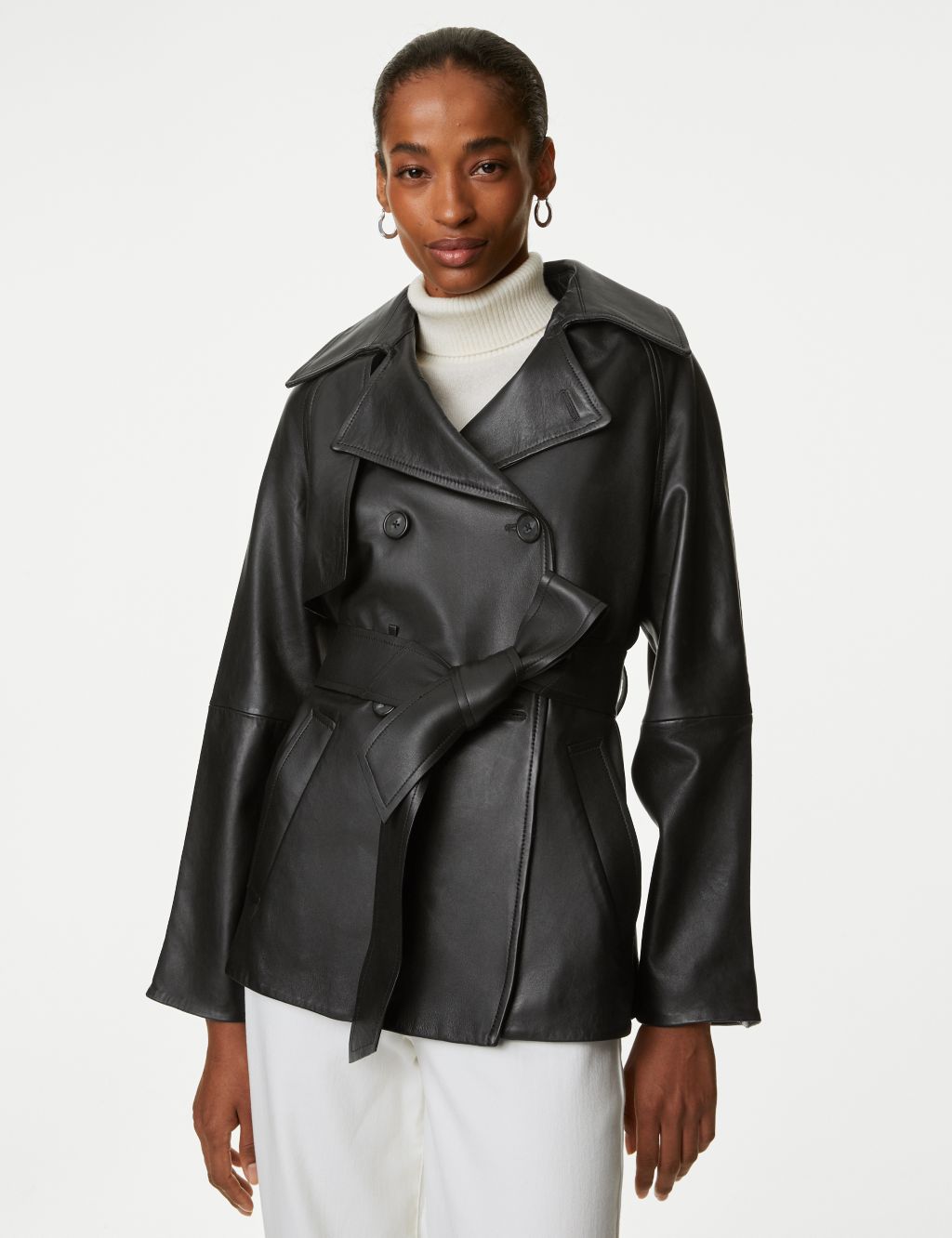 Leather Belted Cropped Trench Coat image 4