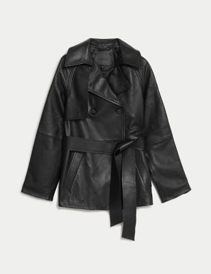 Leather Belted Cropped Trench Coat