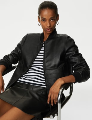 Black Faux Leather Bomber Jacket