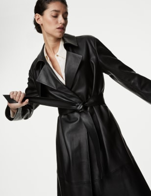 Longline leather trench store coat