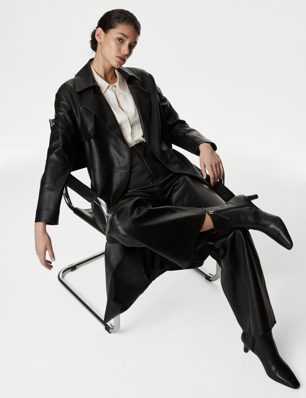 Leather Belted Collared Longline Trench Coat image 3