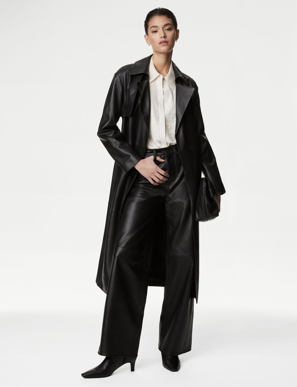 Leather Belted Collared Longline Trench Coat image 4