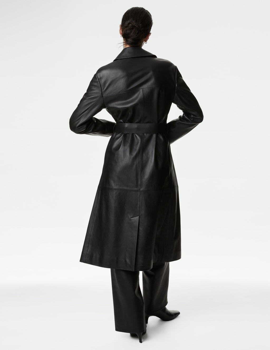 Leather Belted Collared Longline Trench Coat image 5