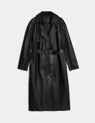 Leather Belted Collared Longline Trench Coat