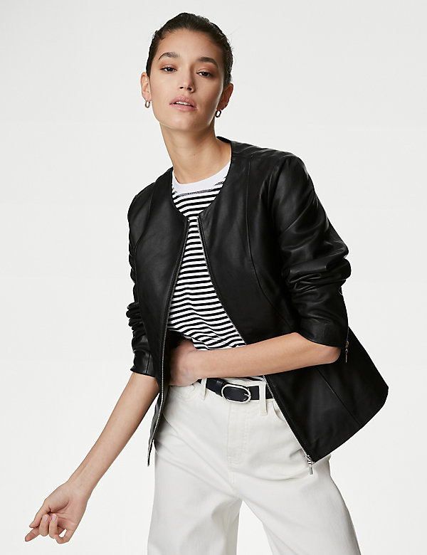 Leather Collarless Jacket - BE