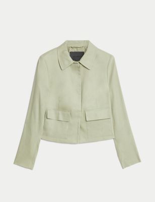 Linen Blend Collared Cropped Utility Jacket