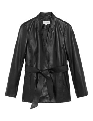 

Womens Autograph Leather Belted Collarless Longline Jacket - Black, Black