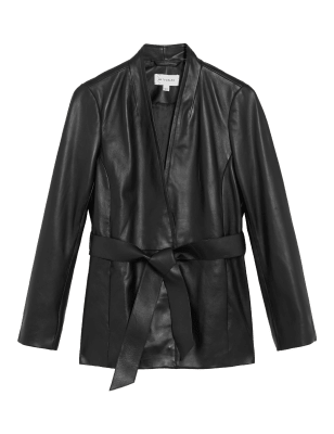 

Womens Autograph Leather Belted Collarless Longline Jacket - Black, Black