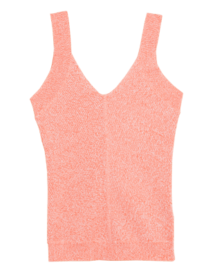 

Womens Autograph Strickträgertop mit hohem Baumwollanteil, V-Ausschnitt und Strukturmuster - Bright Coral, Bright Coral