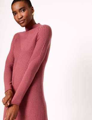 Merinowolrijke gebreide midi-ribjurk