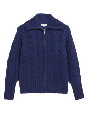 

Womens Autograph Wool Rich Cable Knit Collared Cardigan - French Navy, French Navy