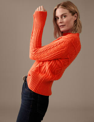 

Womens Autograph Cable Knit Funnel Neck Jumper with Wool - Bright Orange, Bright Orange