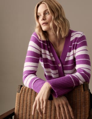 

Womens Autograph Gestreifte Strickjacke mit V-Ausschnitt und Wollanteil - Mauve Mix, Mauve Mix