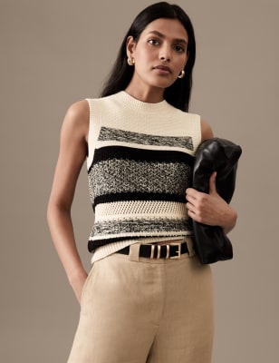 

Womens Autograph Eng anliegendes Strickoberteil mit hohem Baumwollanteil und Muster - Black Mix, Black Mix