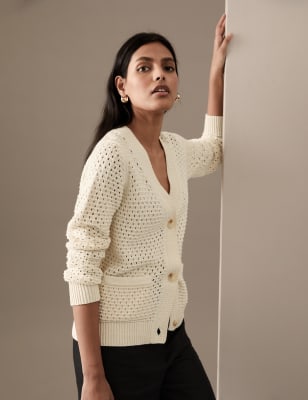 

Womens Autograph Gehäkelte Jacke mit hohem Baumwollanteil und V-Ausschnitt - Ivory, Ivory