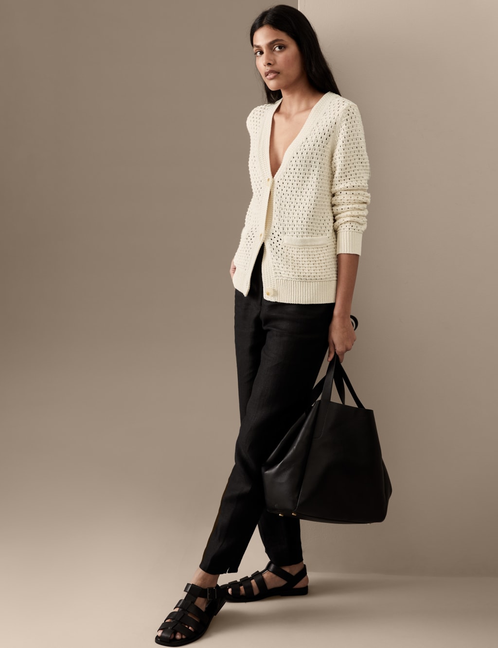Cotton Rich Crochet V-Neck Cardigan image 2