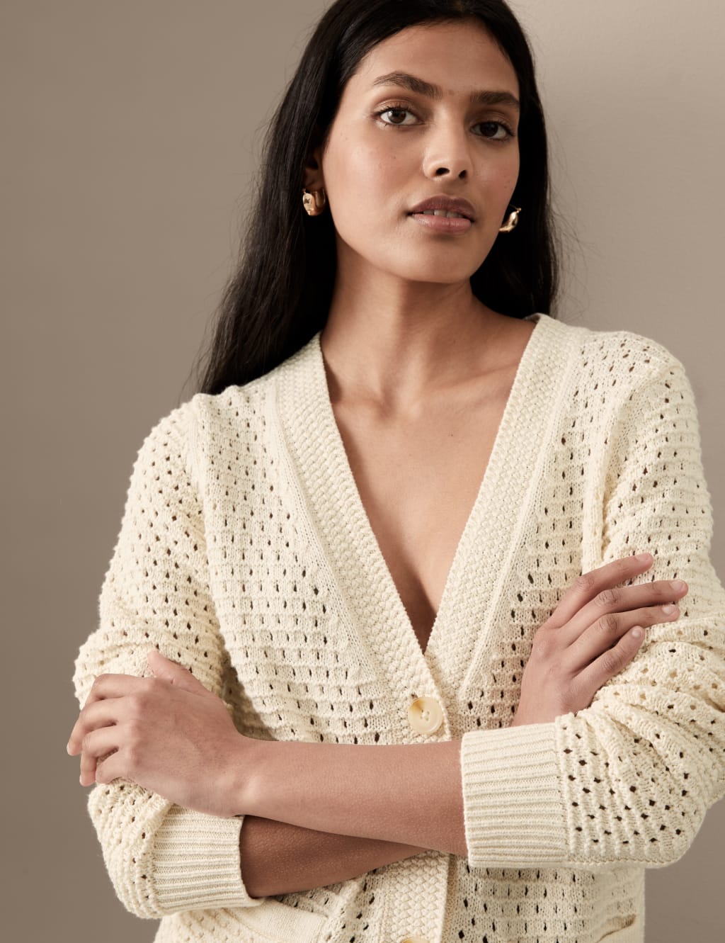 Cotton Rich Crochet V-Neck Cardigan image 3