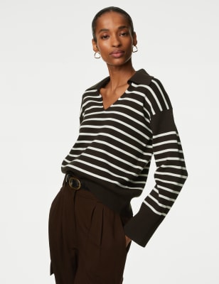 

Womens Autograph Striped V-Neck Collared Jumper - Dark Brown Mix, Dark Brown Mix