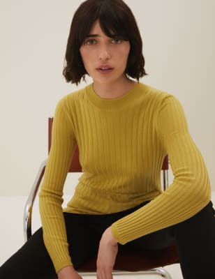 

Womens Autograph Ribbed Crew Neck Longline Jumper with Wool - Antique Gold, Antique Gold