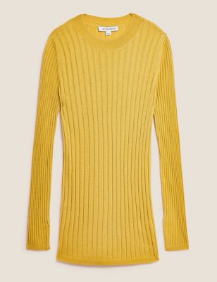 M&S Autograph Womens Ribbed Crew Neck Longline Jumper with Wool